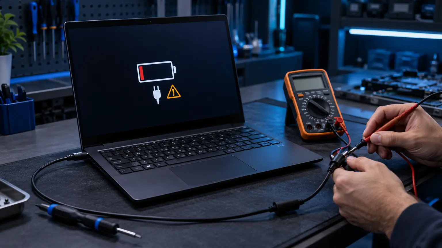 Laptop nie ładuje baterii – diagnostyka zasilacza miernikiem