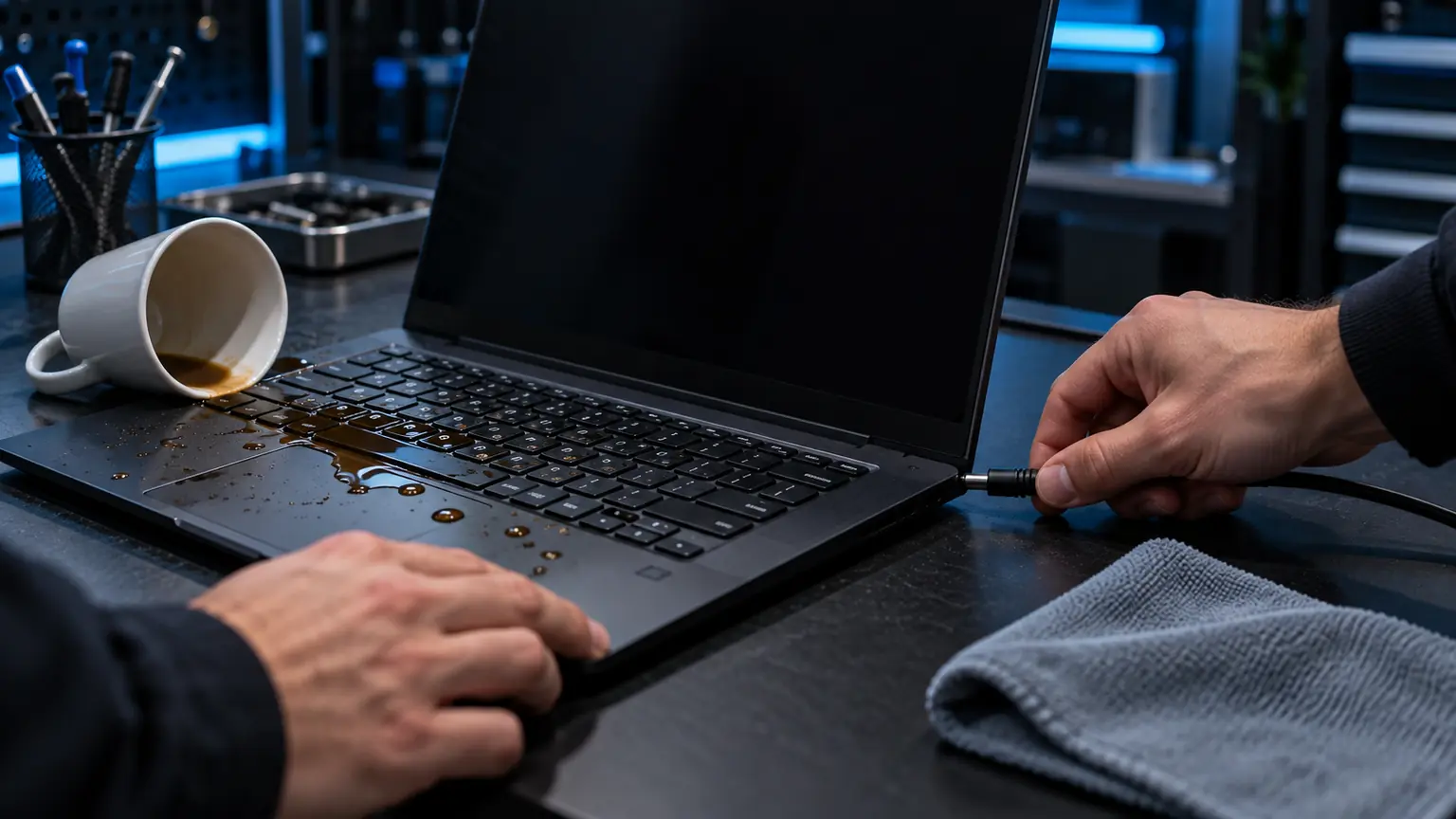 Zalany laptop – odłączanie zasilania po zalaniu klawiatury